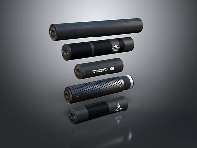 Five Black Cylindrical Tactical Weapons Stacked With Textured Surfaces And Brand Logos 3d model