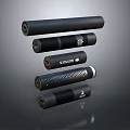 Five Black Cylindrical Tactical Weapons Stacked With Textured Surfaces And Brand Logos