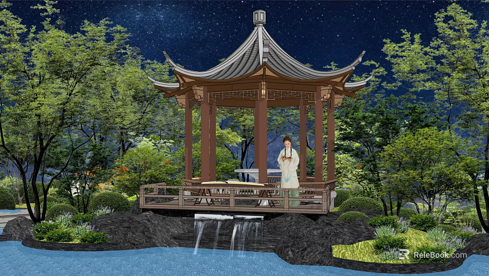 Serene Chinese Style Pavilion With Starry Sky Trees Waterfall And Traditional Clothed Person 3d model 
