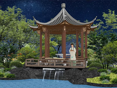 Serene Chinese Style Pavilion With Starry Sky Trees Waterfall And Traditional Clothed Person 3d model