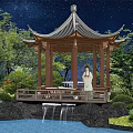 Serene Chinese Style Pavilion With Starry Sky Trees Waterfall And Traditional Clothed Person