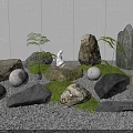 Tranquil Garden Ornaments Scene With Swan Ornament Round Lights Ferns Rocks Lantern And Gravel Ground