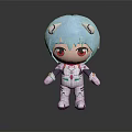 Cartoon Character Plush Toy With Blue Hair Horns Red Eyes And White Outfit Green Accents