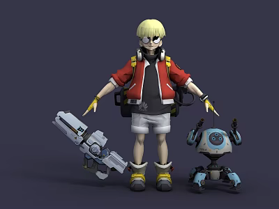 Tech Exhibition Hall Showcasing Futuristic Character With Robot And Tech Gear 3d model