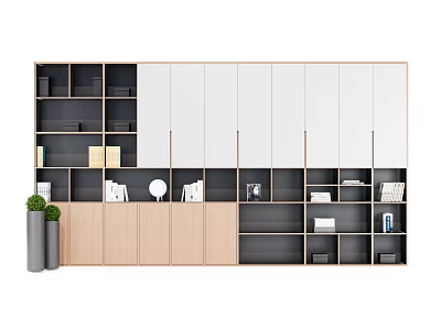 Modern White and Wooden Bookcase with Open Shelves Closed Cabinets and Decorative Items 3d model