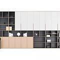 Modern White and Wooden Bookcase with Open Shelves Closed Cabinets and Decorative Items