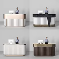 Modern Reception Desk Designs with Computer Monitor and Receptionist in Various Styles and Materials