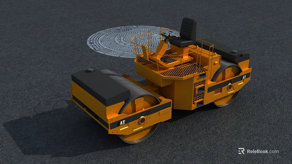 Heavy Duty Yellow Industrial Road Roller With Black Drum And Driver Cabin 3d model 