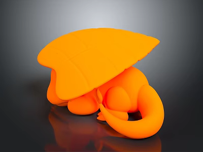 Orange Reptile 3D Model With Curled Body And Fan Shaped Back On Dark Reflective Surface 3d model