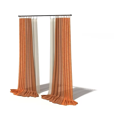 Orange And White Double Layer Window Curtains With Sheer Panels And Elegant Drape Design 3d model