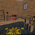 Brick Wall Room Interior With Metal Shelf Red Chair Desk Bed Carpet And Suitcases