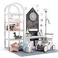 Plush Stuffed Toys On White Arched Shelf With Blackboard Wall And White Toy Stroller