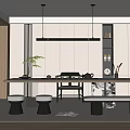 Modern Minimalist Tea Room Interior Design With Wooden Long Table Tea Set And Hanging Lamps
