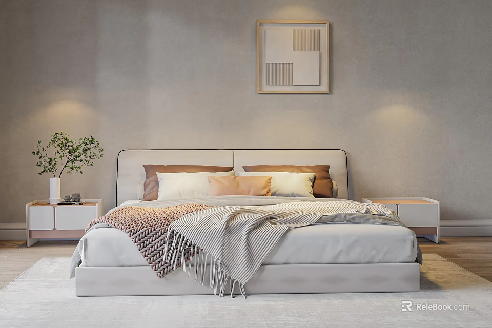 Stylish Double Bed with Plush Pillows and Knitted Blanket Near Nightstands and Decorative Painting 3d model 