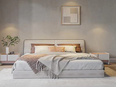 Stylish Double Bed with Plush Pillows and Knitted Blanket Near Nightstands and Decorative Painting 3d model