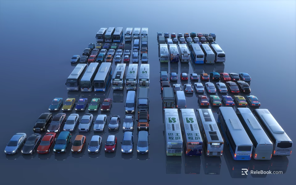 Diverse Car Models Including Buses Sedans And Vans Arranged In 3d model