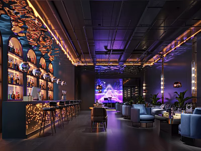 Modern Bar Interior With Stylish Lighting Bar Counter Seating Area And Wine Racks 3d model