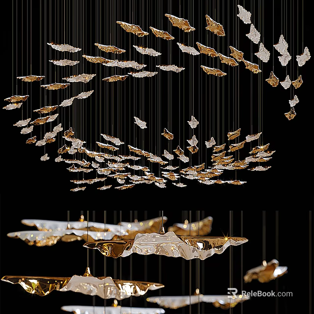 Modern Artistic Chandelier With Gold And White Leaf Shaped Hanging Elements 3d model