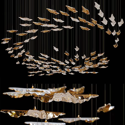 Modern Artistic Chandelier With Gold And White Leaf Shaped Hanging Elements 3d model