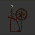 Traditional Wooden Spinning Wheel With Large Wheel And Candle Lamp Design