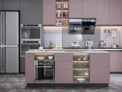 Modern Pink Kitchen Cabinets With Island Counter And Stainless Steel Appliances 3d model