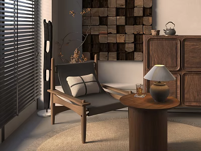 Natural Wooden Decorative Cabinet In Modern Living Room With Chair Table Lamp And Rug 3d model