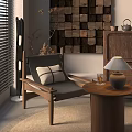 Natural Wooden Decorative Cabinet In Modern Living Room With Chair Table Lamp And Rug