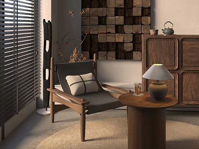 Natural Wooden Decorative Cabinet In Modern Living Room With Chair Table Lamp And Rug 3d model
