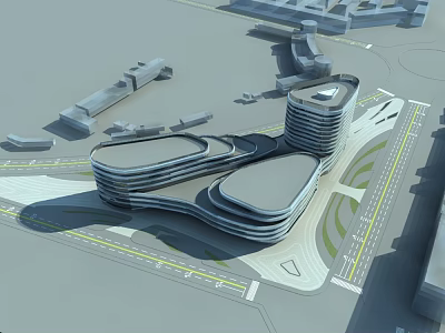 Modern Multi Story Urban Architectural Building With Unique Curved Structure And Surrounding Roads 3d model
