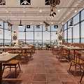 Spacious Open Restaurant Interior With Pirate Flags Long Tables Large Windows And Red Brick Walls
