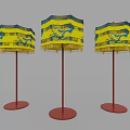 Three Yellow And Blue Dragon Pattern Canopies With Red Stands And Bases 3d model