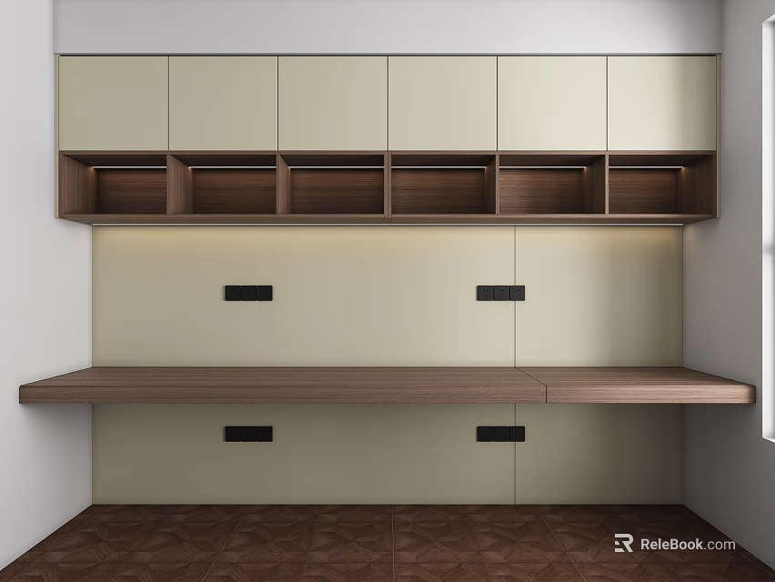 Modern Wall Mounted Bookcase With Light Beige Cabinets And Walnut Open Shelves 3d model 