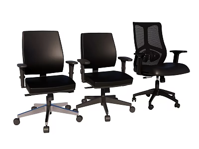Three Different Black Office Chairs with Adjustable Arms and Rolling Casters Ergonomic Design for Workspace 3d model