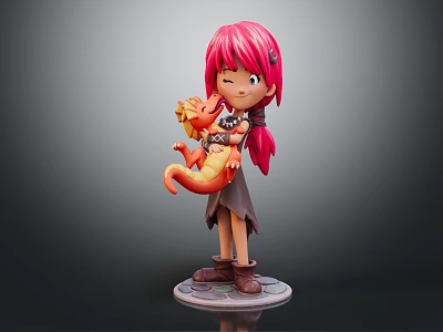 Pink Haired Game Movie Character Holding Orange Dragon Dark Clothes and Brown Boots on Base 3d model