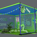 Vibrant Interactive Zone With Green Frame Blue Netting Bunting Decorations And Bicycle Graphic 3d model