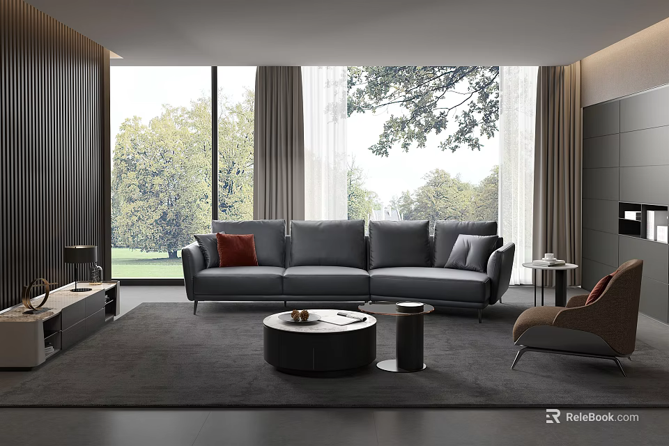 Modern Living Room With Grey Sofa Round Coffee Table Large Windows And Trees Outside 3d model 