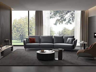 Modern Living Room With Grey Sofa Round Coffee Table Large Windows And Trees Outside 3d model