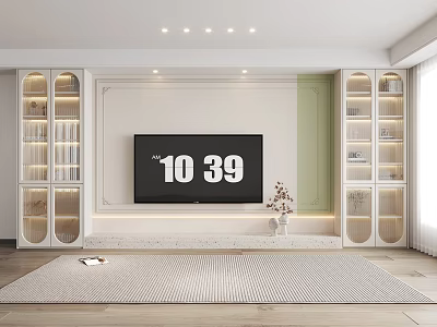 Modern TV Stand with Built in Glass Cabinets LED Lighting and Decorative Plants 3d model