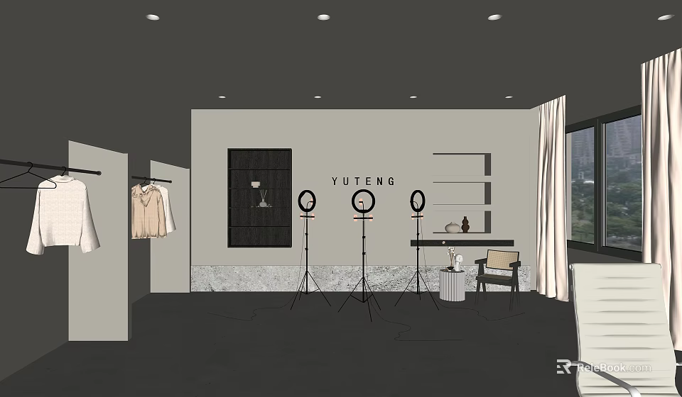 Public Office Space Interior With Clothes Rack Tripods Lighting And Display Shelves 3d model 
