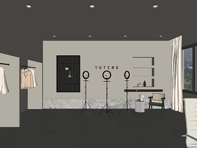 Public Office Space Interior With Clothes Rack Tripods Lighting And Display Shelves 3d model