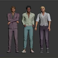 Three Men In Stylish Outfits Purple Suit Light Green Shirt And Striped Shirt