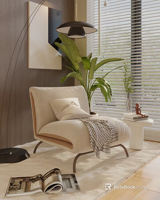 Modern Comfortable Beige Accent Chair With Plaid Blanket Throw Pillow And Green Plant Near Window 3d model 