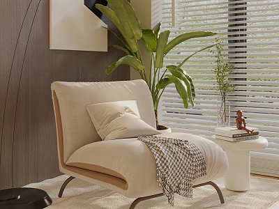 Modern Comfortable Beige Accent Chair With Plaid Blanket Throw Pillow And Green Plant Near Window 3d model