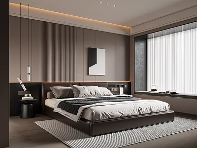 Modern Bedroom Interior With Vertical Panel Accent Wall Platform Bed Area Rug And Pendant Lights 3d model
