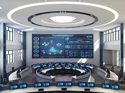 Modern Monitoring Control Room Interior With Large Display Screen Circular Console And Multiple Monitoring Screens 3d model