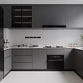 Modern Minimalist Closed Kitchen Interior With Black Gray Cabinets White Countertop And Appliances