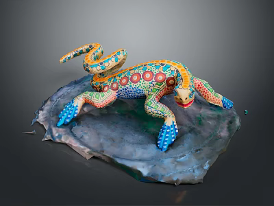 Colorful Painted Lizard Sculpture With Vibrant Patterns On Rock Base 3d model