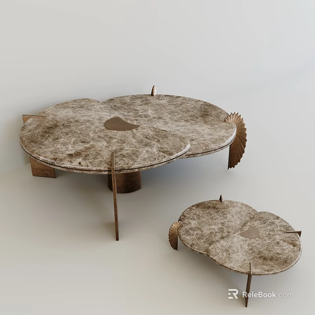 Two Piece Marble Coffee Table Set With Textured Surface And Modern Metal Legs 3d model 