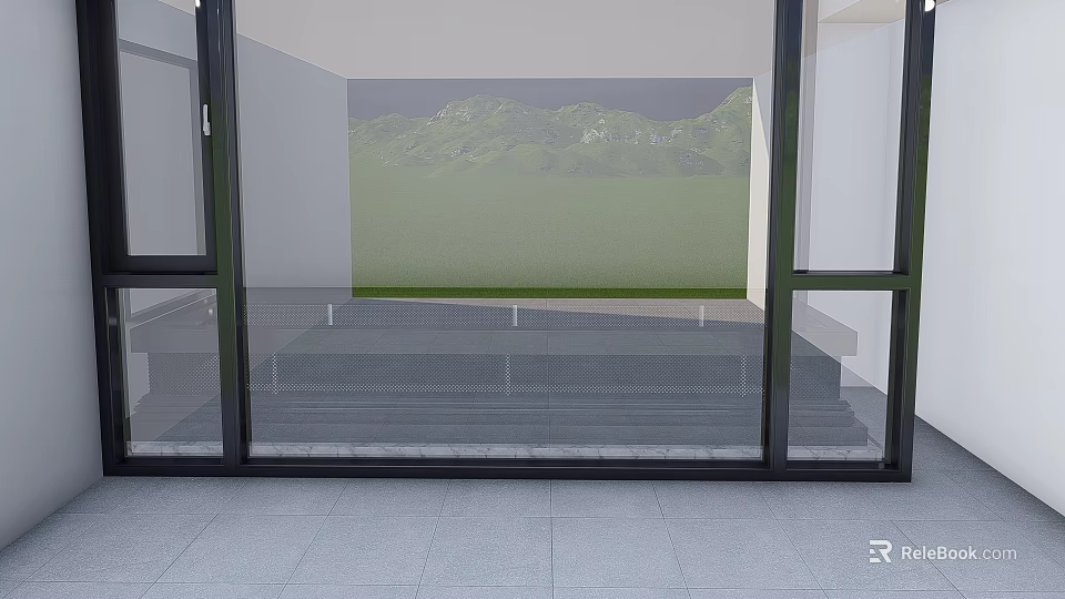 Residential Building Balcony With Glass Doors Gray Tiled Floor And Green Mountain View 3d model 