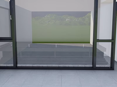 Residential Building Balcony With Glass Doors Gray Tiled Floor And Green Mountain View 3d model